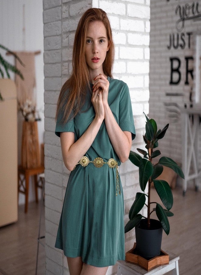 SNCEAW حزام سلسلة معدني غربي للنساء من SNCEAW، بتصميم رعاة البقر الغربي، قابل للتعديل، مزين بقطع كونشو، مناسب للفساتين والجينز، هدية (سلسلة ذهبية، يناسب مقاس خصر حتى 42 بوصة). - Image 2